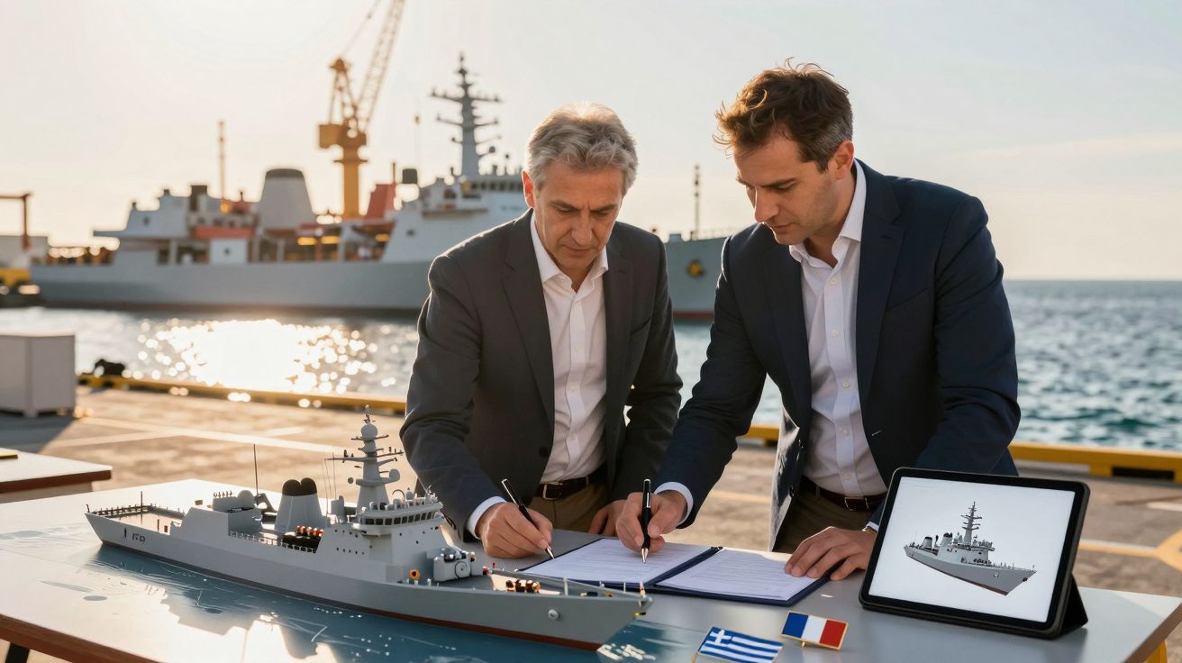 Dwóch mężczyzn podpisuje dokumenty obok modelu statku na nadbrzeżu, w tle widoczny duży statek i żurawie portowe.