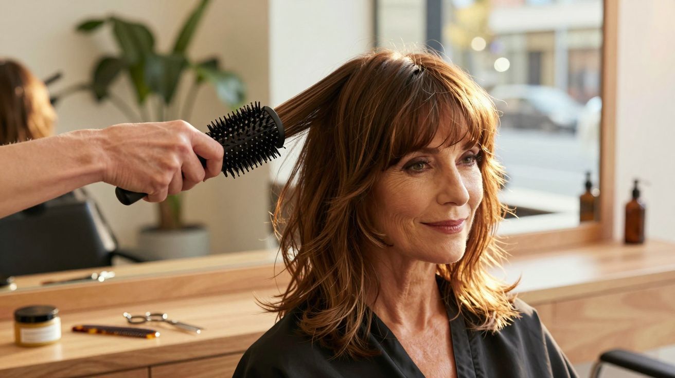 Kobieta w salonie fryzjerskim, stylistka suszy jej włosy okrągłą szczotką. Na tle lustro i roślina.