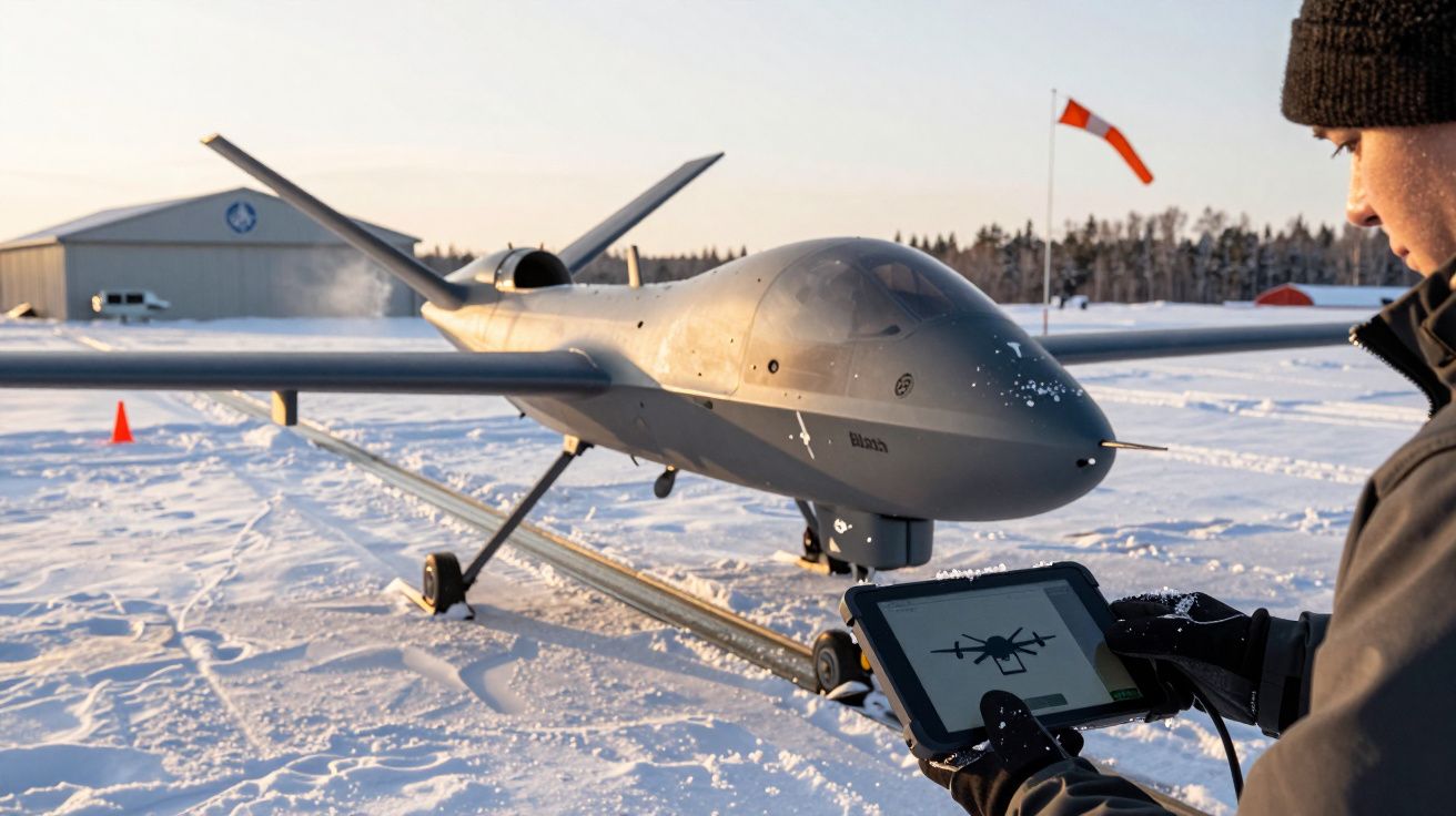 Osoba obsługująca drona na śniegu za pomocą tabletu, w tle hangar i winda wiatrowa.