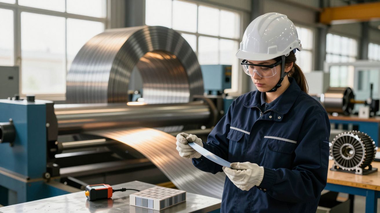Kobieta w kasku ochronnym i okularach analizuje taśmę metalową w fabryce, w tle maszyna do walcowania stali.