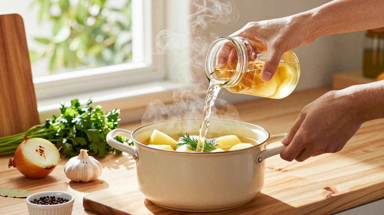Osoba wlewa płyn do garnka z gotującymi się ziemniakami na kuchennym blacie, w tle zioła i czosnek.