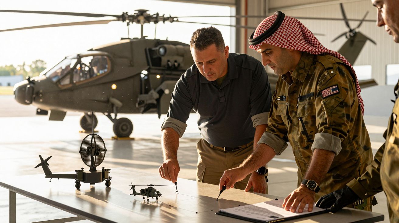 Dwóch mężczyzn pracuje nad modelem helikoptera na stole w hangarze, w tle stoi duży helikopter.