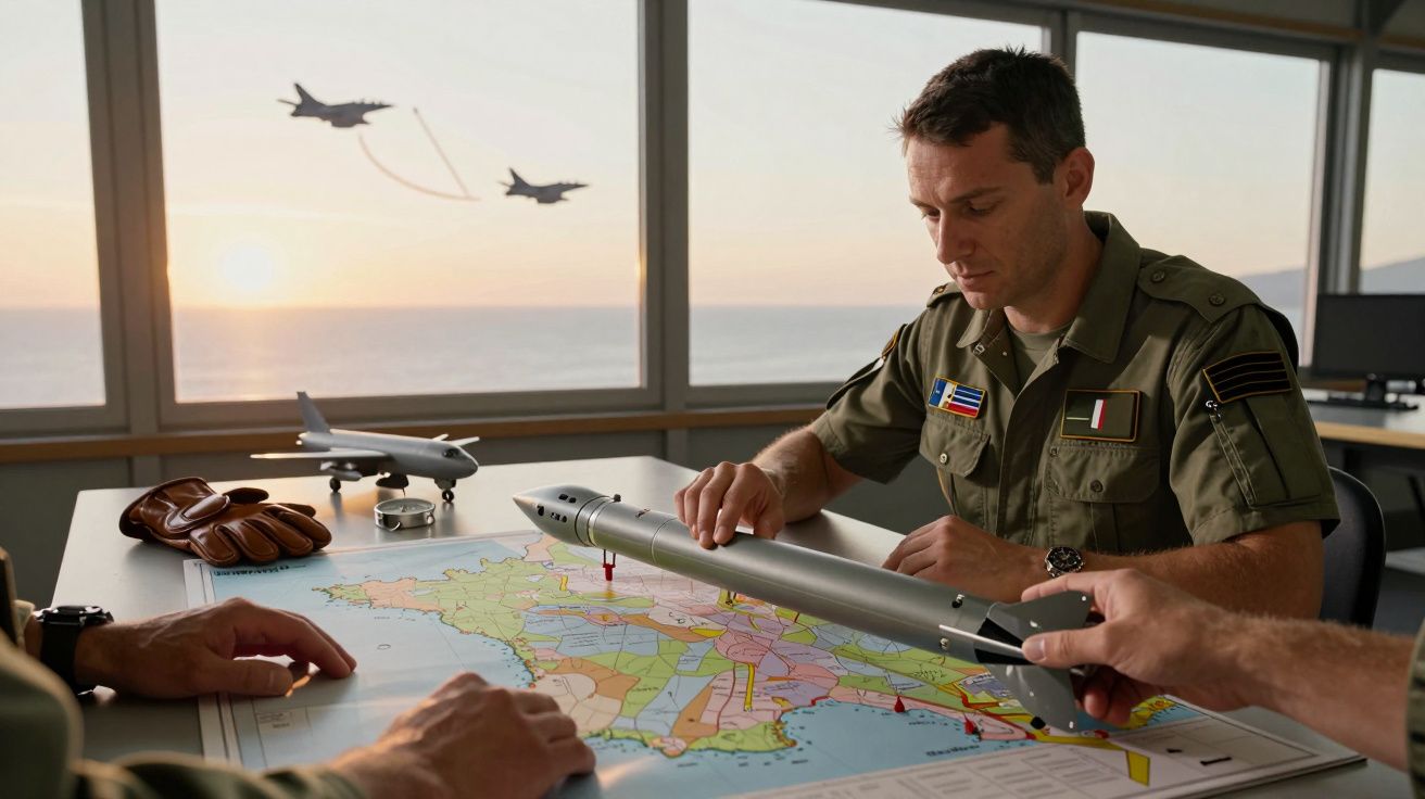 Żołnierze przy stole z mapą, dyskutują o planie. Samoloty myśliwskie na niebie za oknem przy zachodzie słońca.