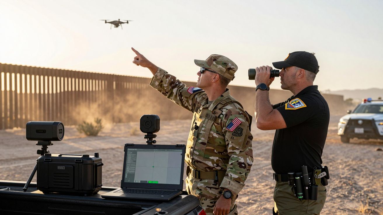Żołnierz i funkcjonariusz obserwują drona na pustyni w pobliżu płotu. Laptop i kamery na stole przed nimi.