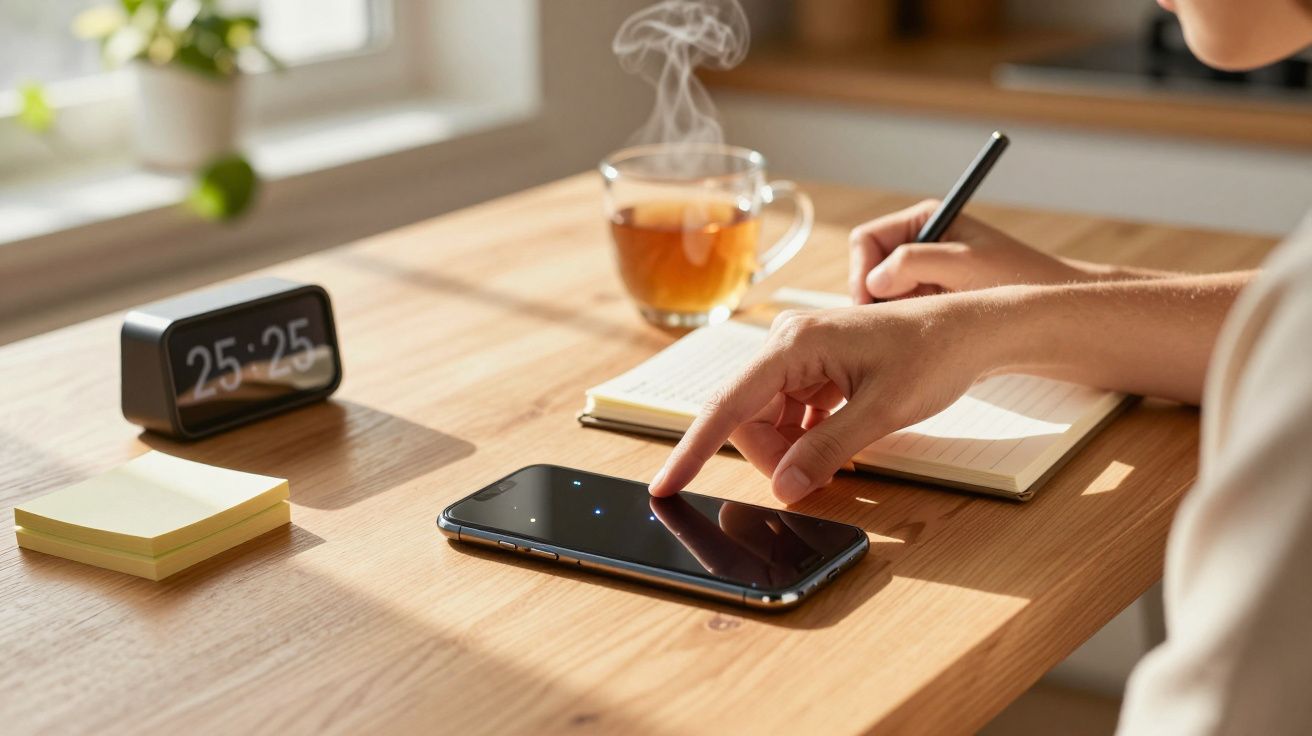 Osoba dotyka smartfona na biurku z zegarem, notatnikiem i filiżanką herbaty.