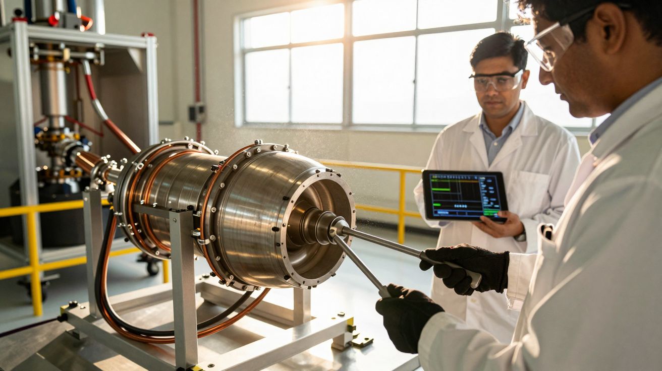 Dwóch naukowców w laboratorium testujących urządzenie cylindryczne; jeden używa narzędzi, drugi trzyma tablet.