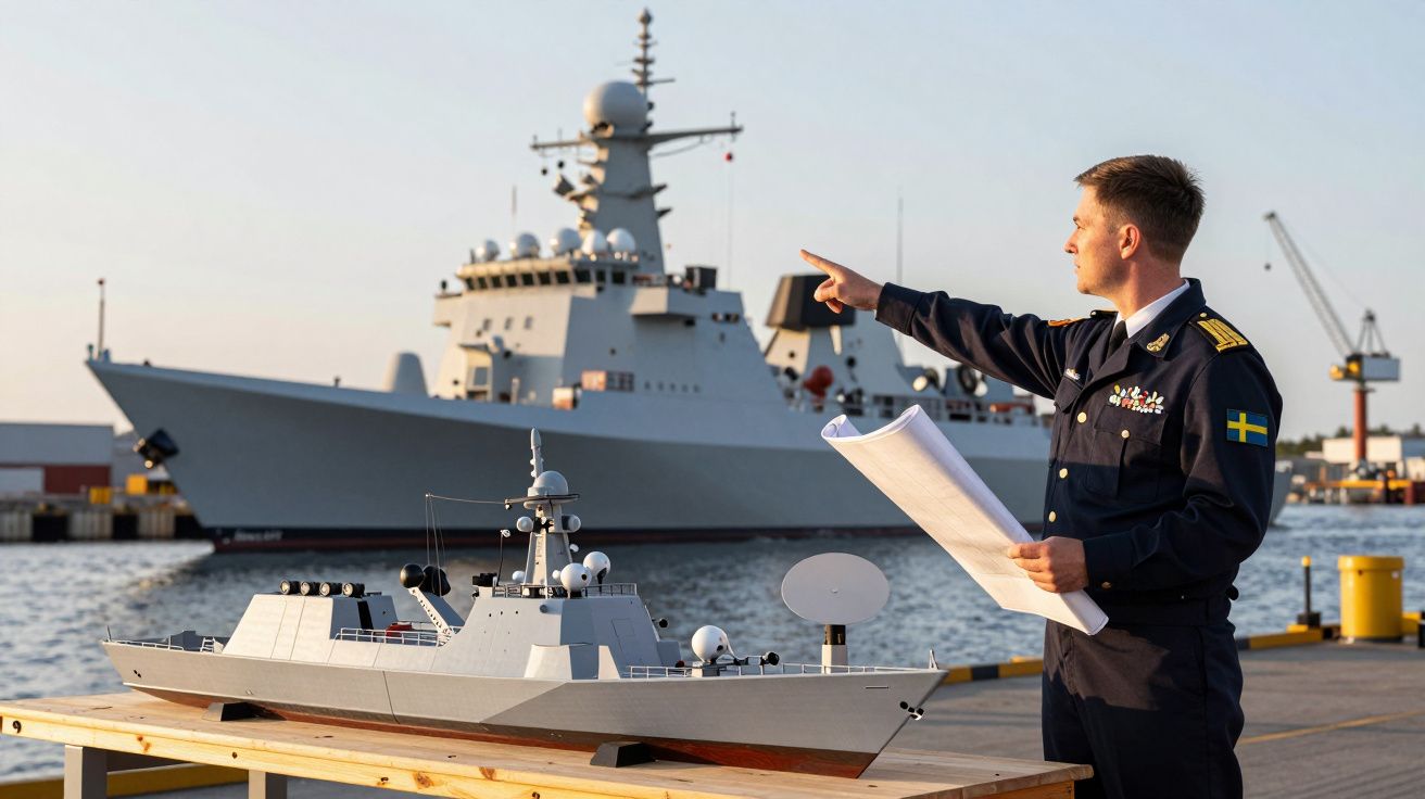 Marynarz w mundurze szwedzkim wskazuje na okręt wojenny, obok niego model statku na stole w porcie.