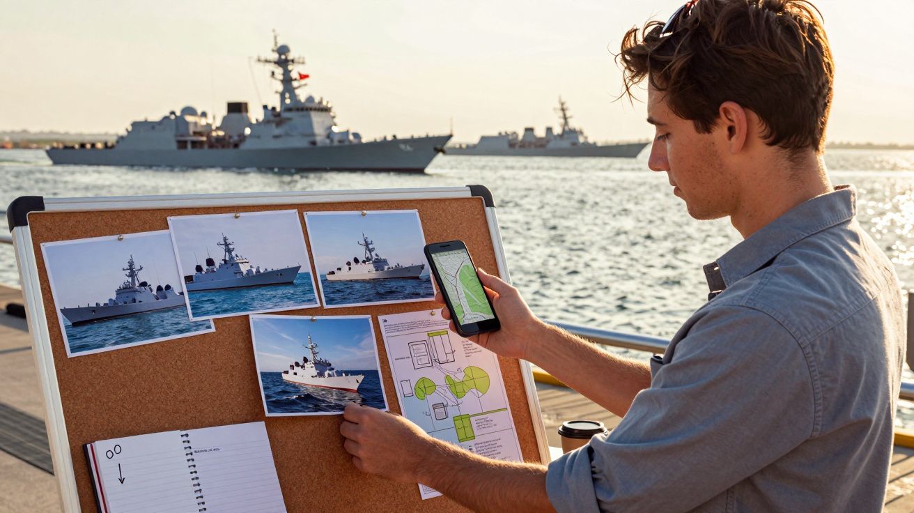 Mężczyzna bada zdjęcia statków wojennych na tablicy przy nadbrzeżu, trzymając telefon.
