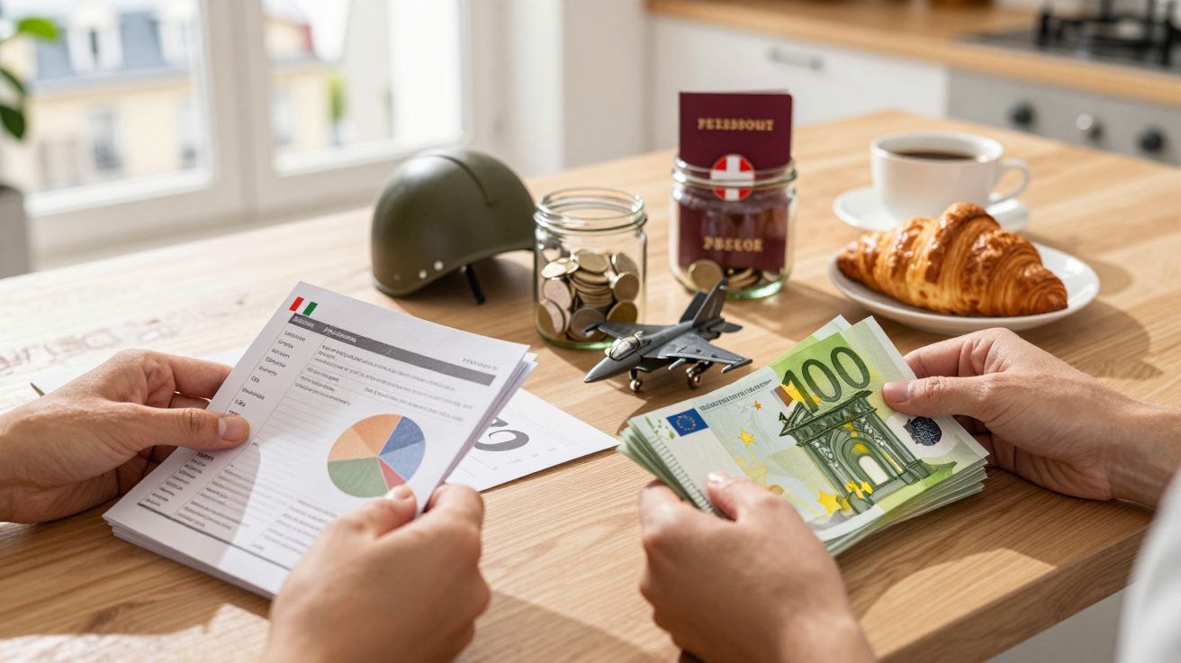 Dwie osoby przeglądają raport finansowy i liczą banknoty euro w kuchni, obok kasku, modelu samolotu i rogalików.