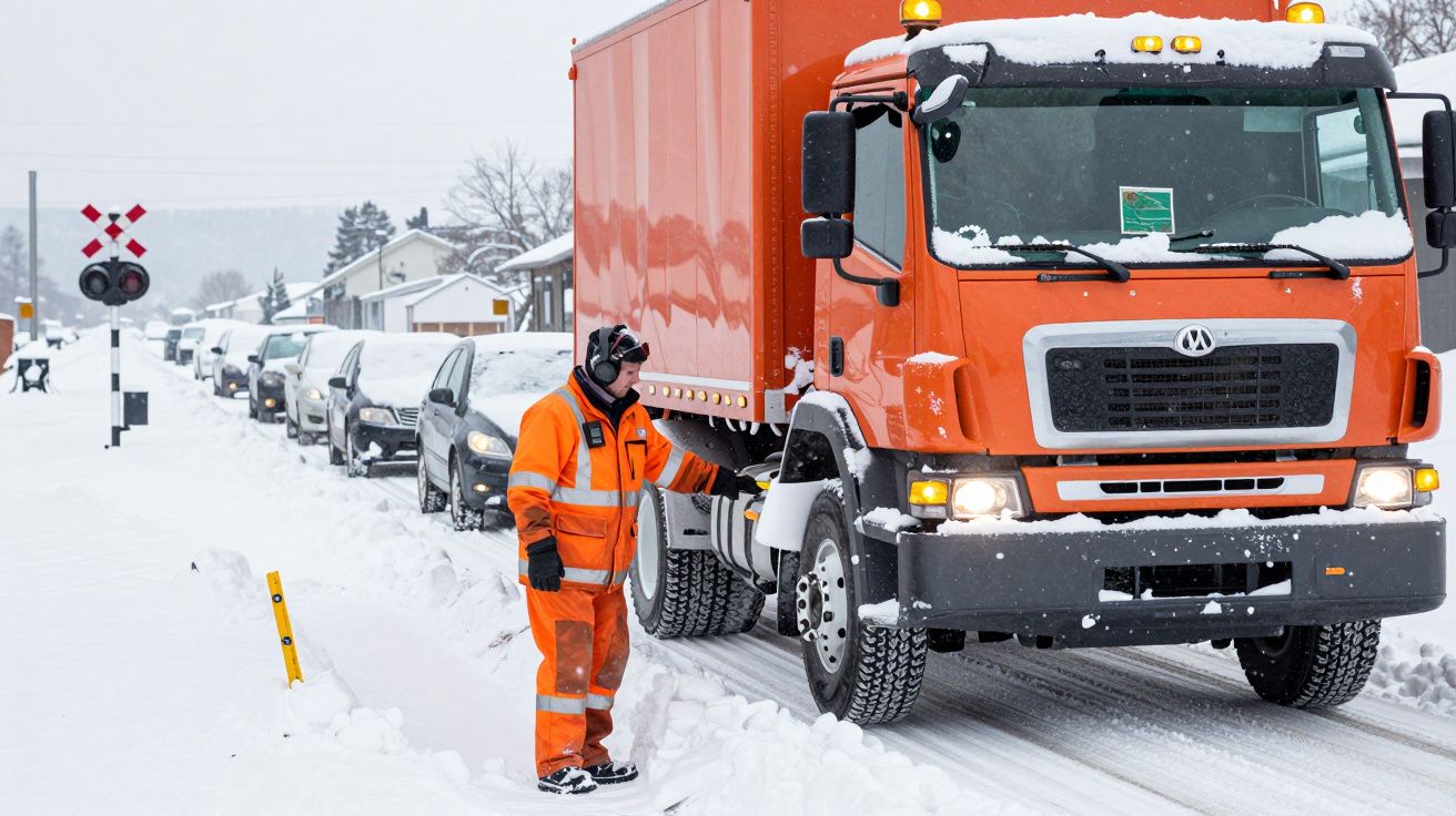 Ciężarówka w śniegu przy przejeździe kolejowym. Osoba w pomarańczowym stroju stoi obok i kieruje ruchem.