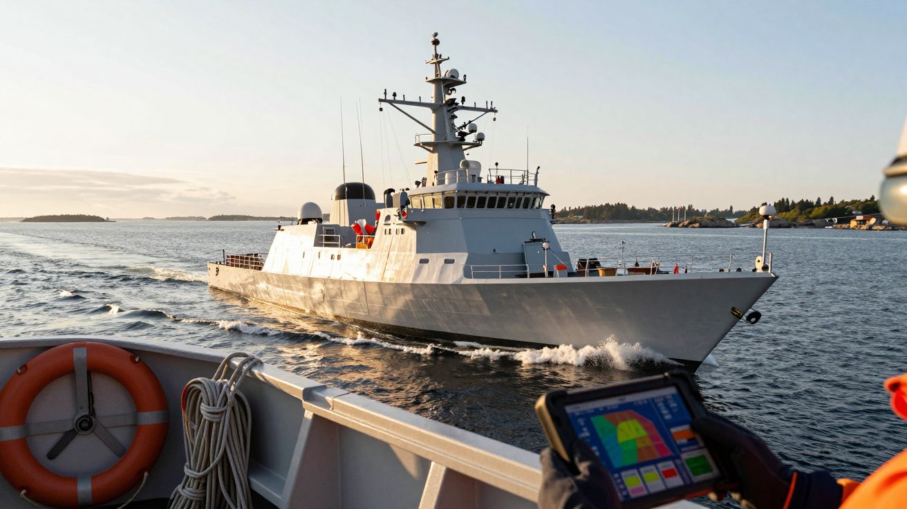 Statek wojskowy płynie po morzu, widziany z pokładu innej łodzi. Na pierwszym planie osoba trzyma tablet z mapą.