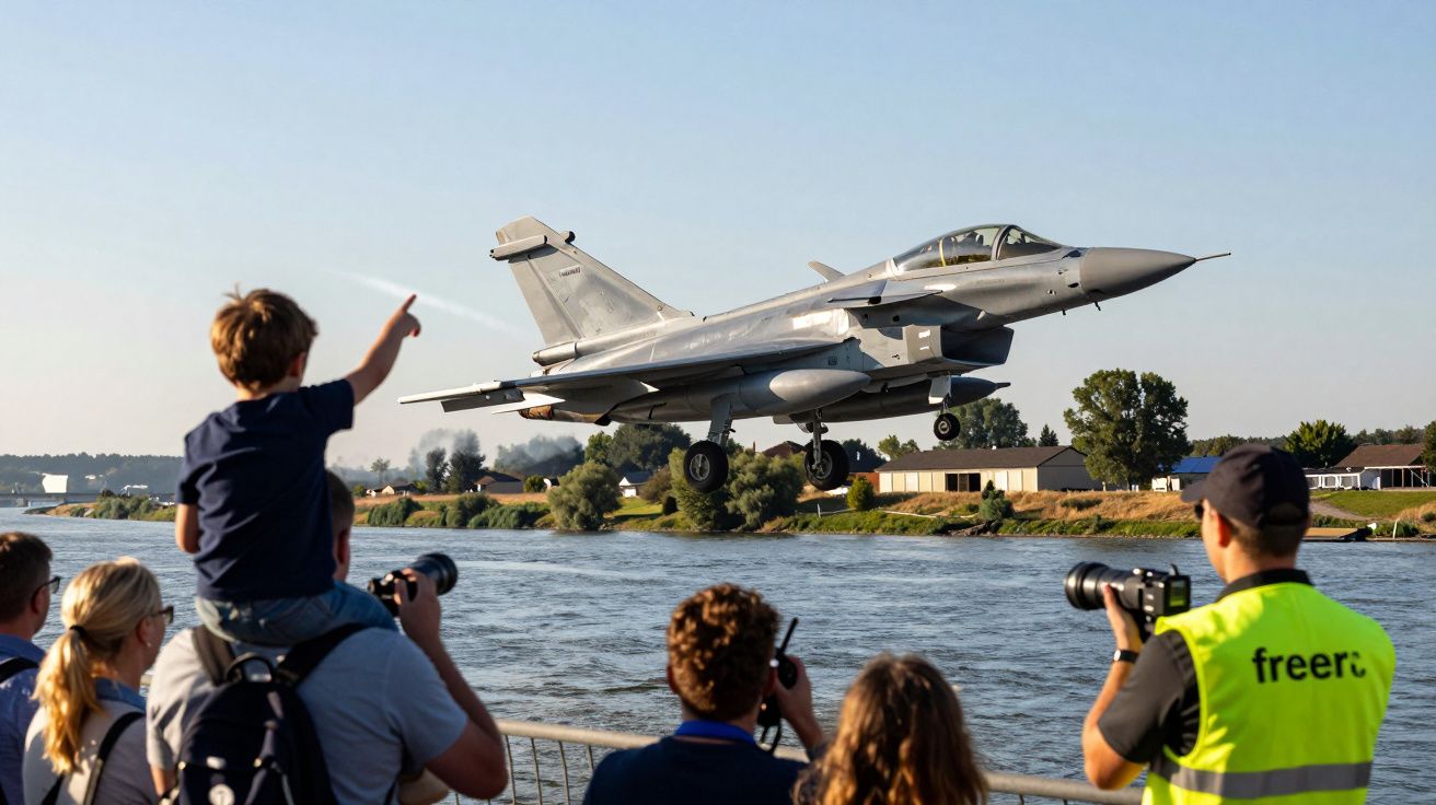 Samolot myśliwski nad rzeką, otoczony przez grupę widzów, w tym chłopca na ramionach mężczyzny, wskazującego na niego.