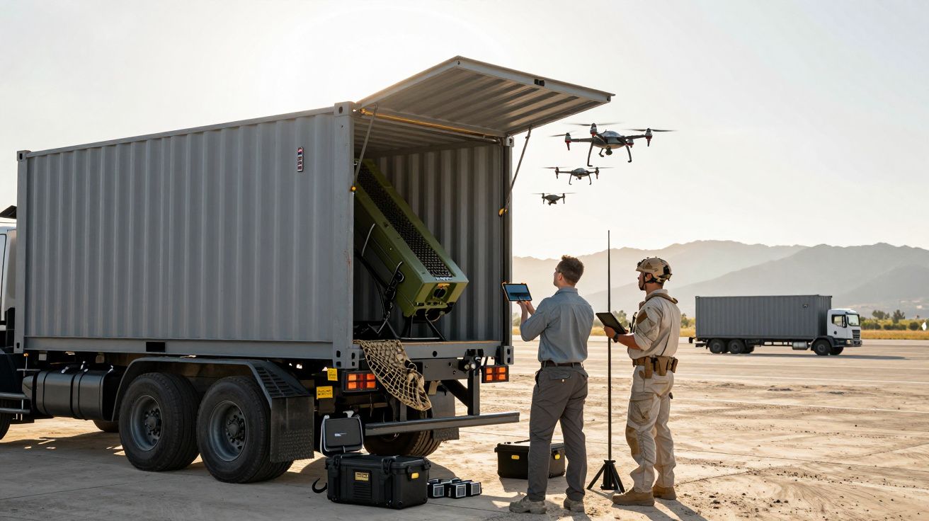 Dwóch mężczyzn obsługuje drony w polu, korzystając z urządzeń w ciężarówce z kontenerem.