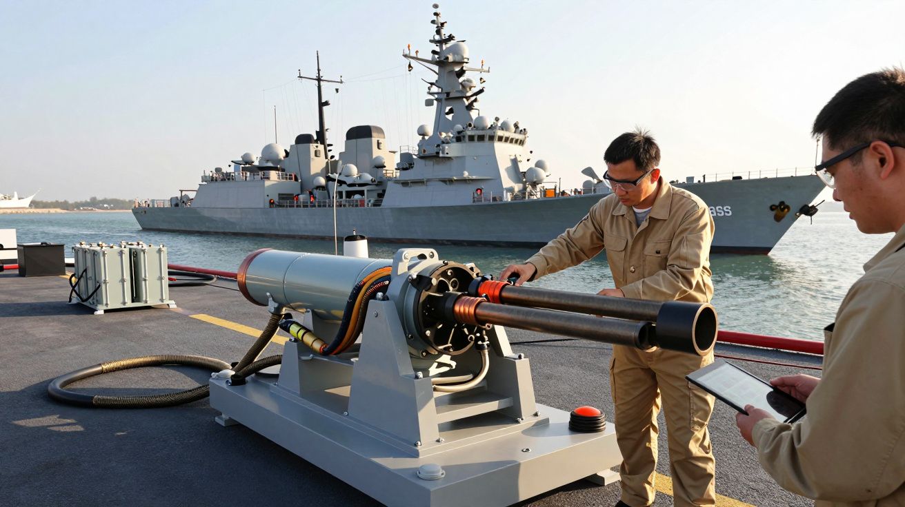 Dwóch mężczyzn pracuje przy urządzeniu na statku; w tle widoczny okręt wojenny na wodzie.