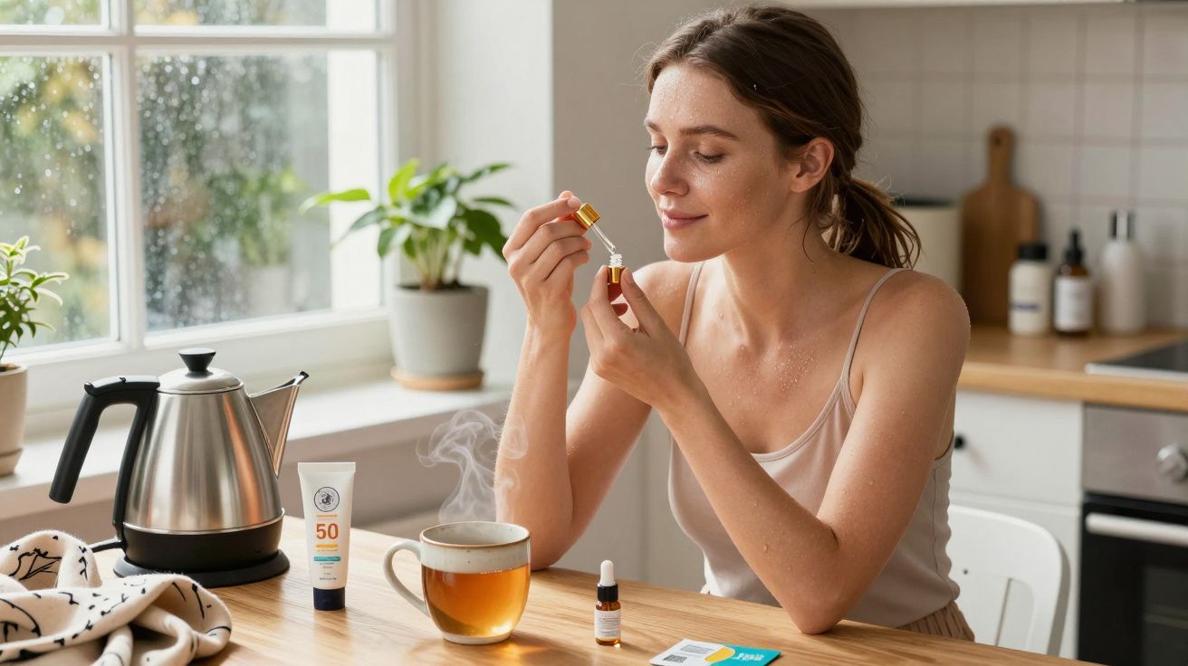 Kobieta w kuchni siedzi przy stole, trzymając pipetę nad filiżanką parującej herbaty. Na stole czajnik i kosmetyki.