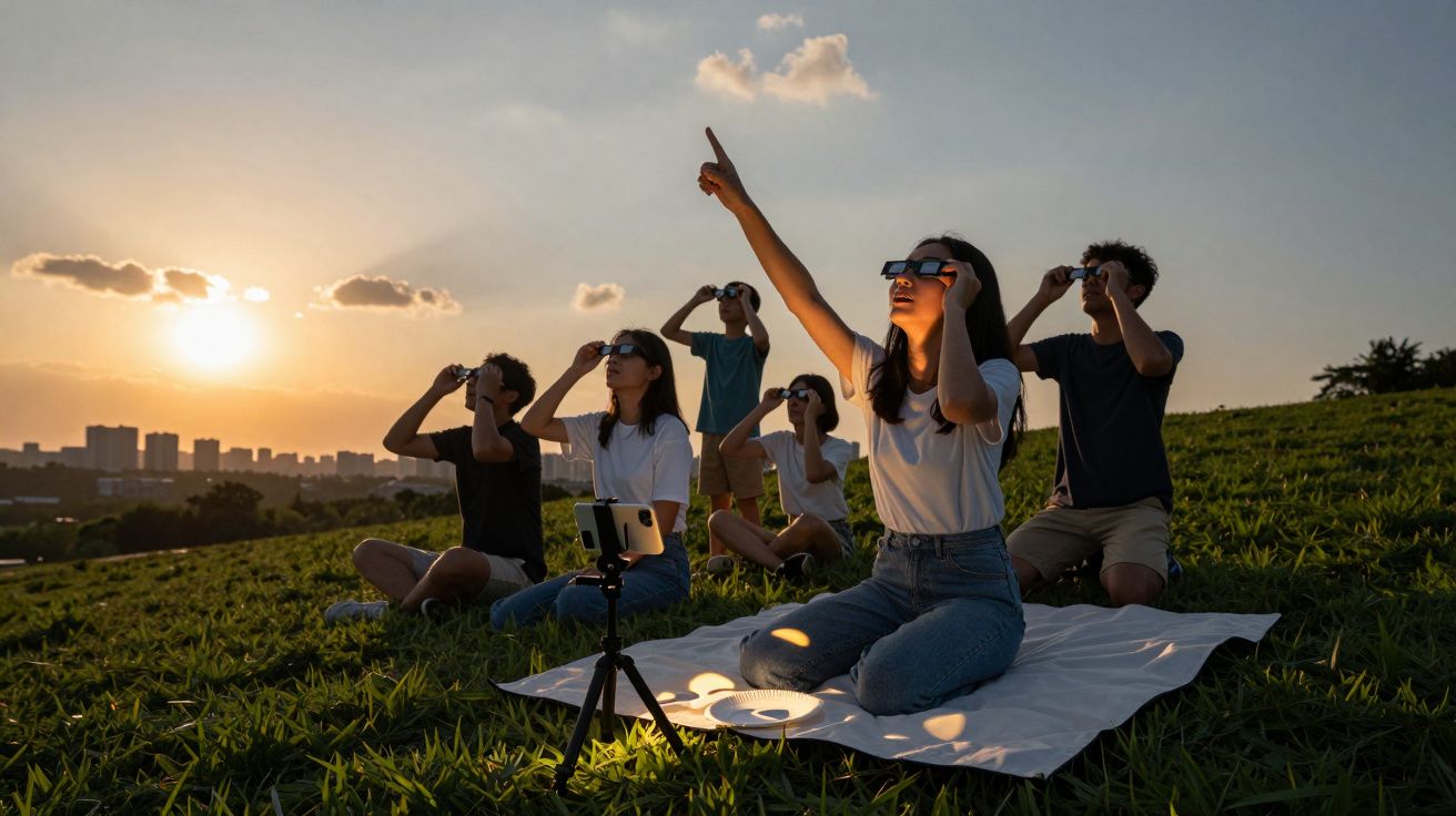 Grupa ludzi obserwuje zaćmienie Słońca przez okulary ochronne na trawie. Zachód słońca w tle.