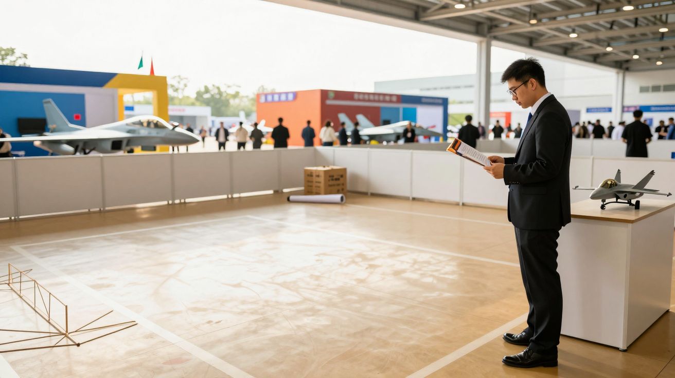 Mężczyzna czyta broszurę na wystawie samolotów, w tle kilka myśliwców.