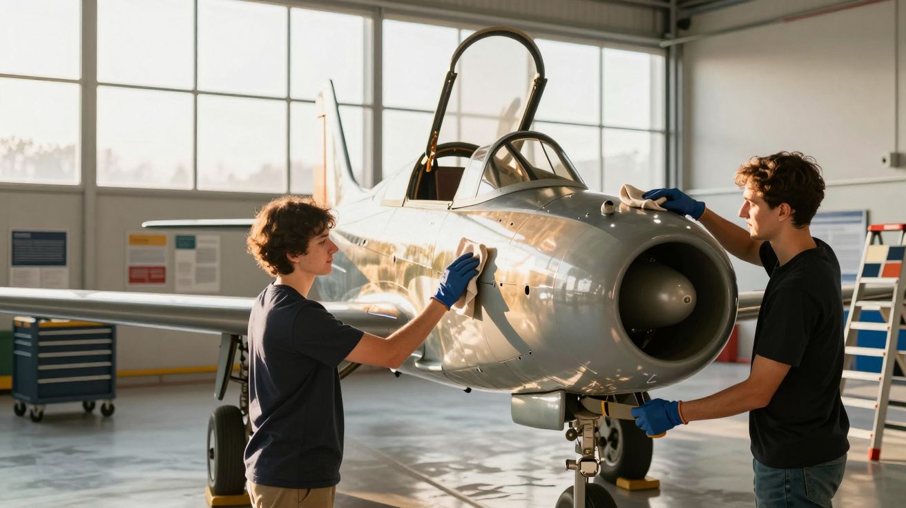 Dwóch mężczyzn w rękawiczkach poleruje srebrny samolot w hangarze.