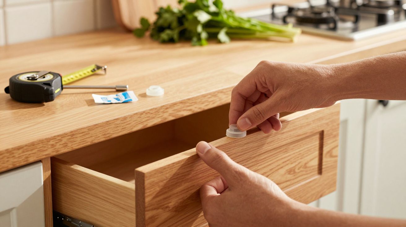 Osoba montuje zabezpieczenie dziecięce na szufladzie w kuchni.