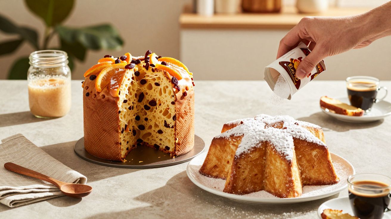 Ciasta na stole: panettone z kandyzowanymi owocami i pandoro posypywane cukrem pudrem.