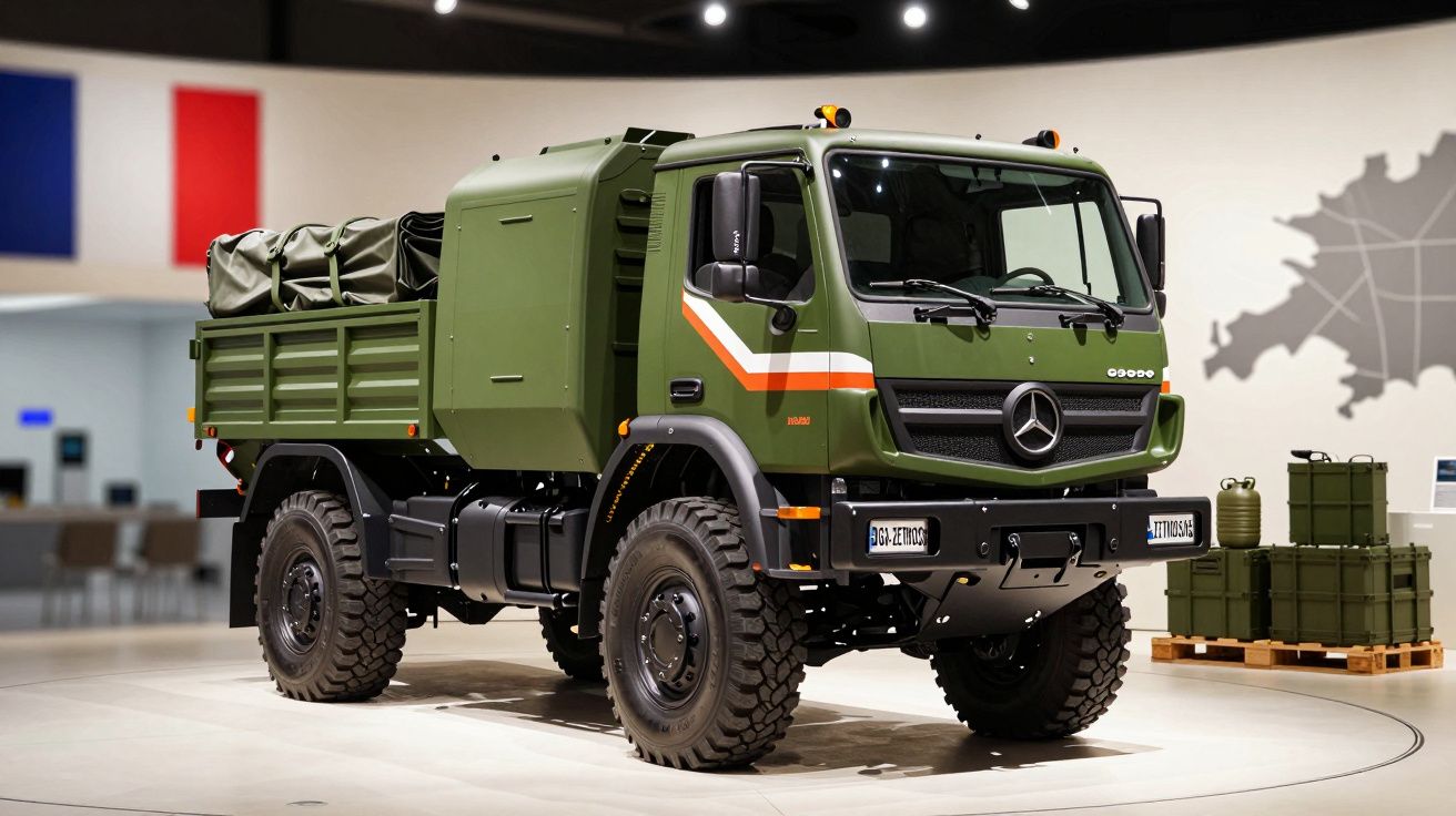 Zielona ciężarówka terenowa Mercedes-Benz z flagami w tle, na wystawie w pomieszczeniu.