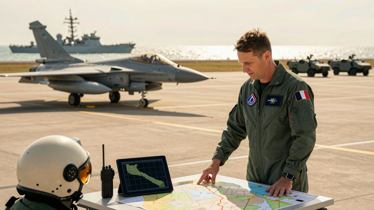 Pilot w kombinezonie wojskowym wskazuje mapę na stole, w tle myśliwiec, lotniskowiec i żołnierz przy laptopie.