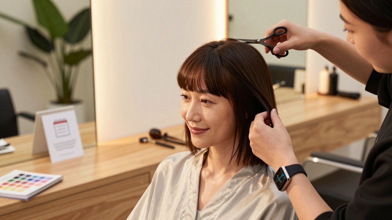 Kobieta w salonie fryzjerskim siedzi na krześle, podczas gdy fryzjer tnie jej włosy nożyczkami.