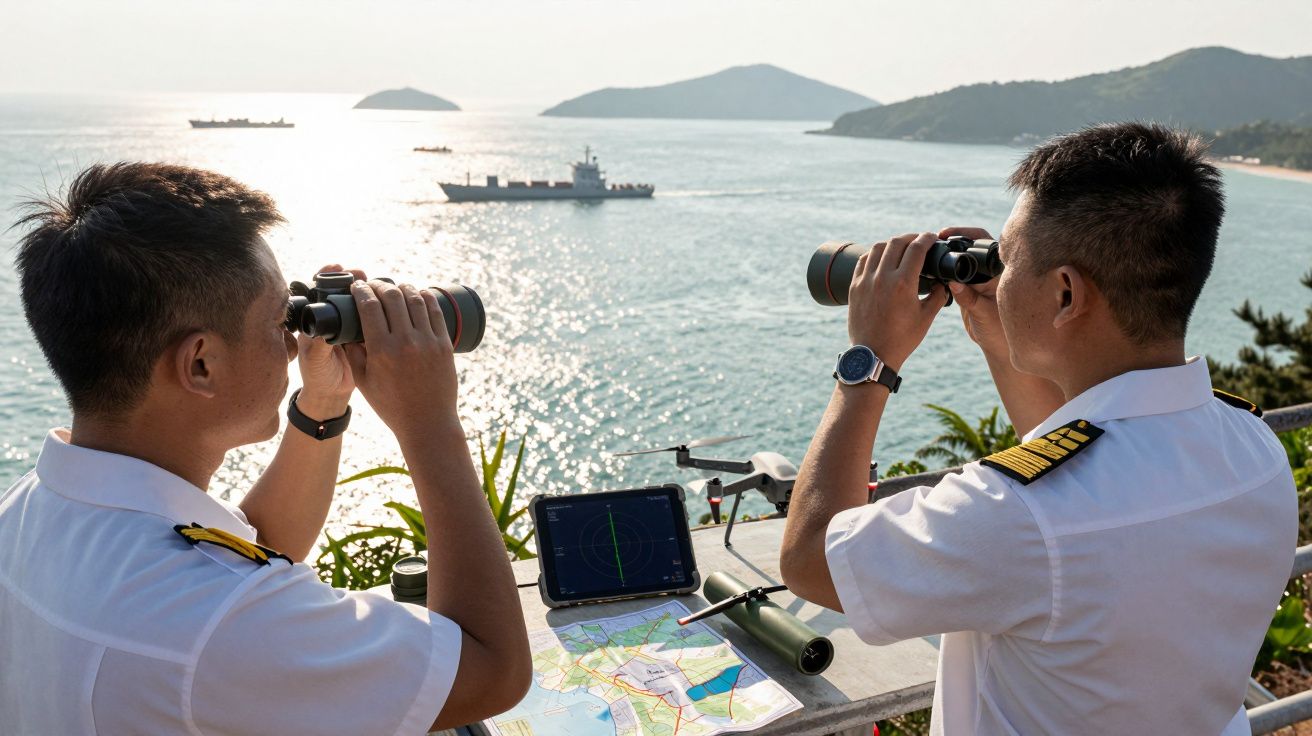Dwóch mężczyzn w mundurach obserwujących statki na morzu przez lornetki, na stole mapa i tablet.