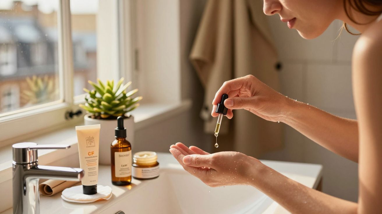 Kobieta nakłada serum na dłonie w łazience pełnej kosmetyków na umywalce.
