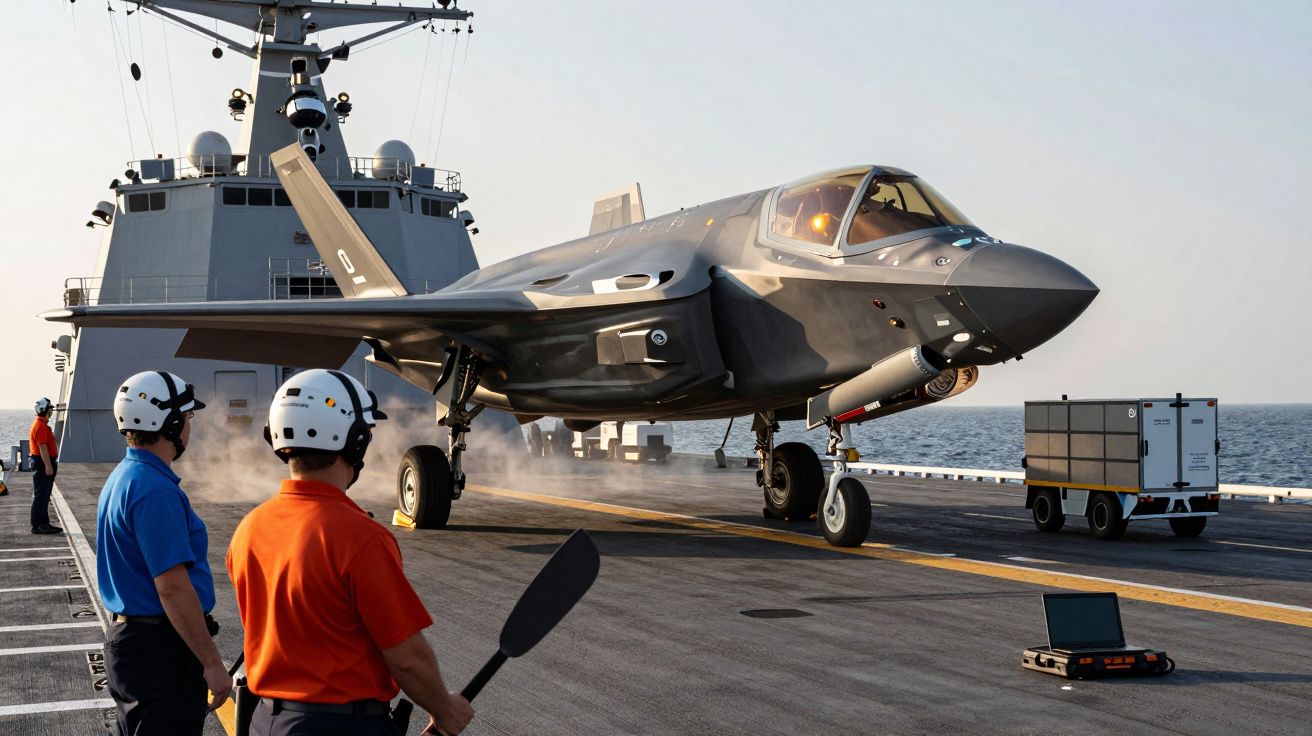 Samolot myśliwski na pokładzie lotniskowca, dwóch ludzi w kaskach na pierwszym planie, morze w tle.