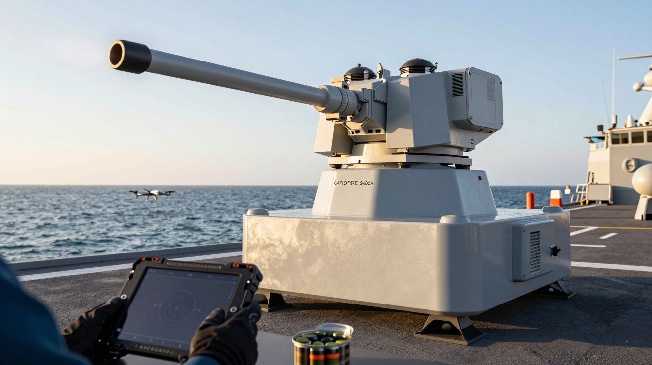 Działo morskie zamontowane na pokładzie statku z widokiem na ocean, w tle bezzałogowy dron nad wodą i osoba z tabletem.