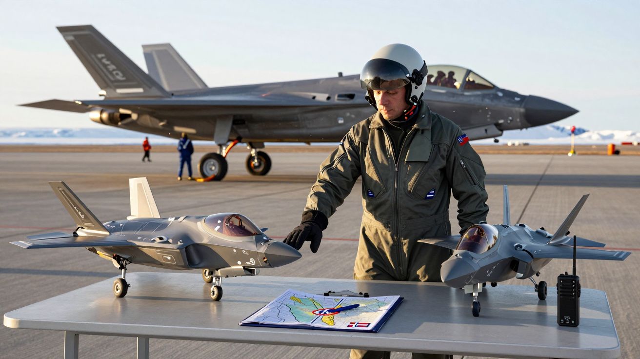 Pilot w kombinezonie przy stoliku z modelami myśliwców, mapa i radio na tle prawdziwego samolotu na lotnisku.