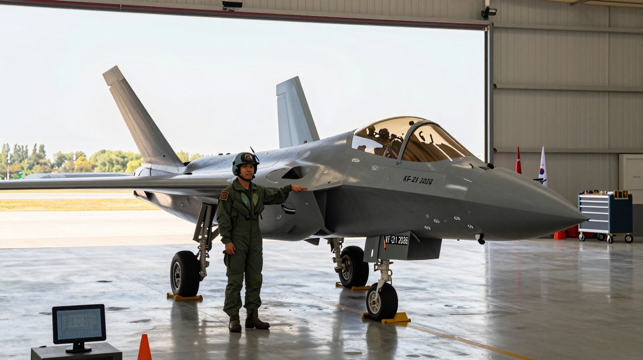 Pilot obok nowoczesnego odrzutowca w hangarze lotniczym, gotowy do startu. Samolot w szarym kolorze.