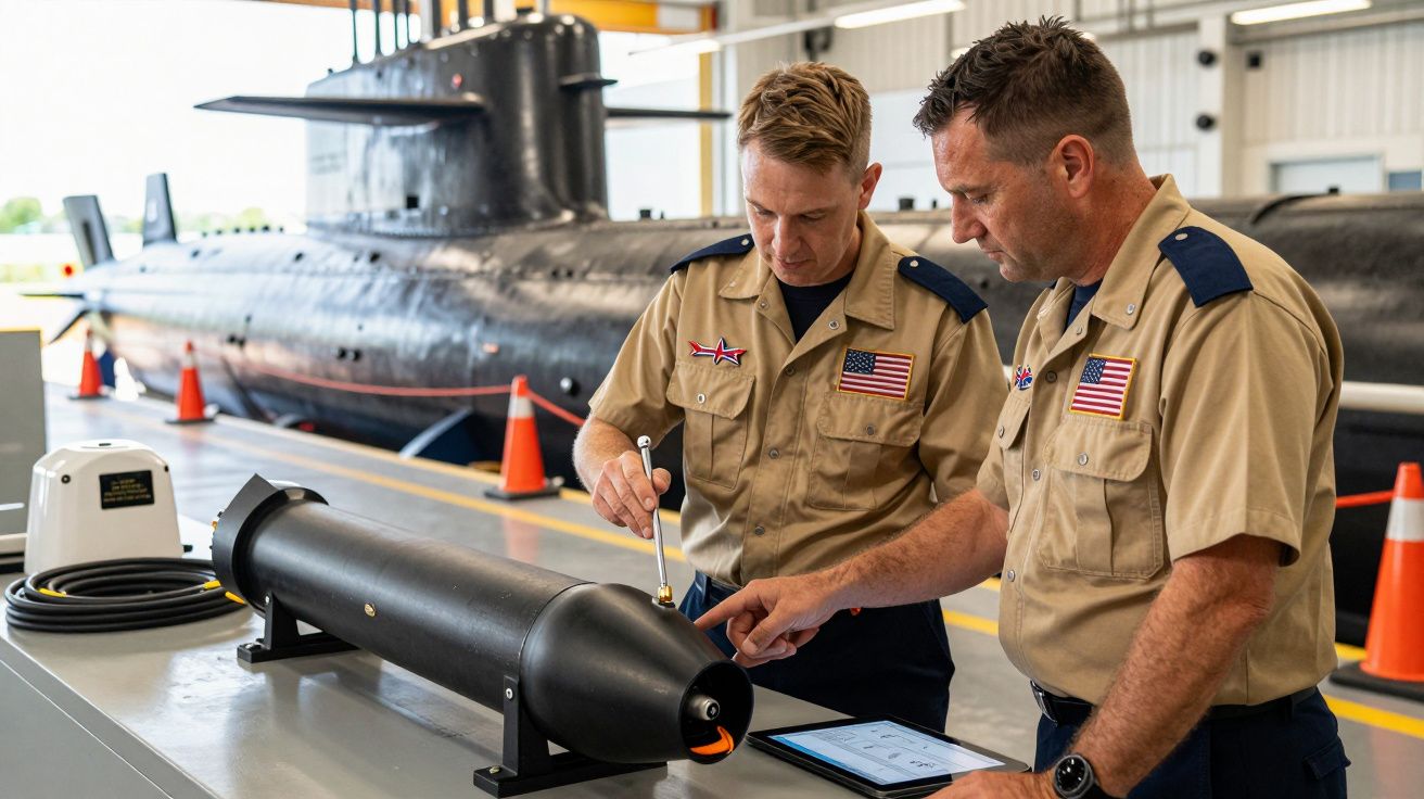 Dwóch wojskowych omawia sprzęt przed okrętem podwodnym.