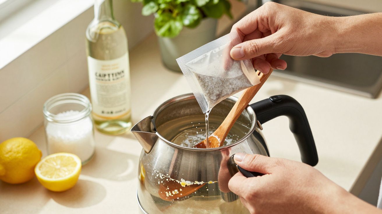 Osoba wsypująca zawartość torebki z herbatą do czajnika, obok świeża cytryna i przyprawy na blacie kuchennym.