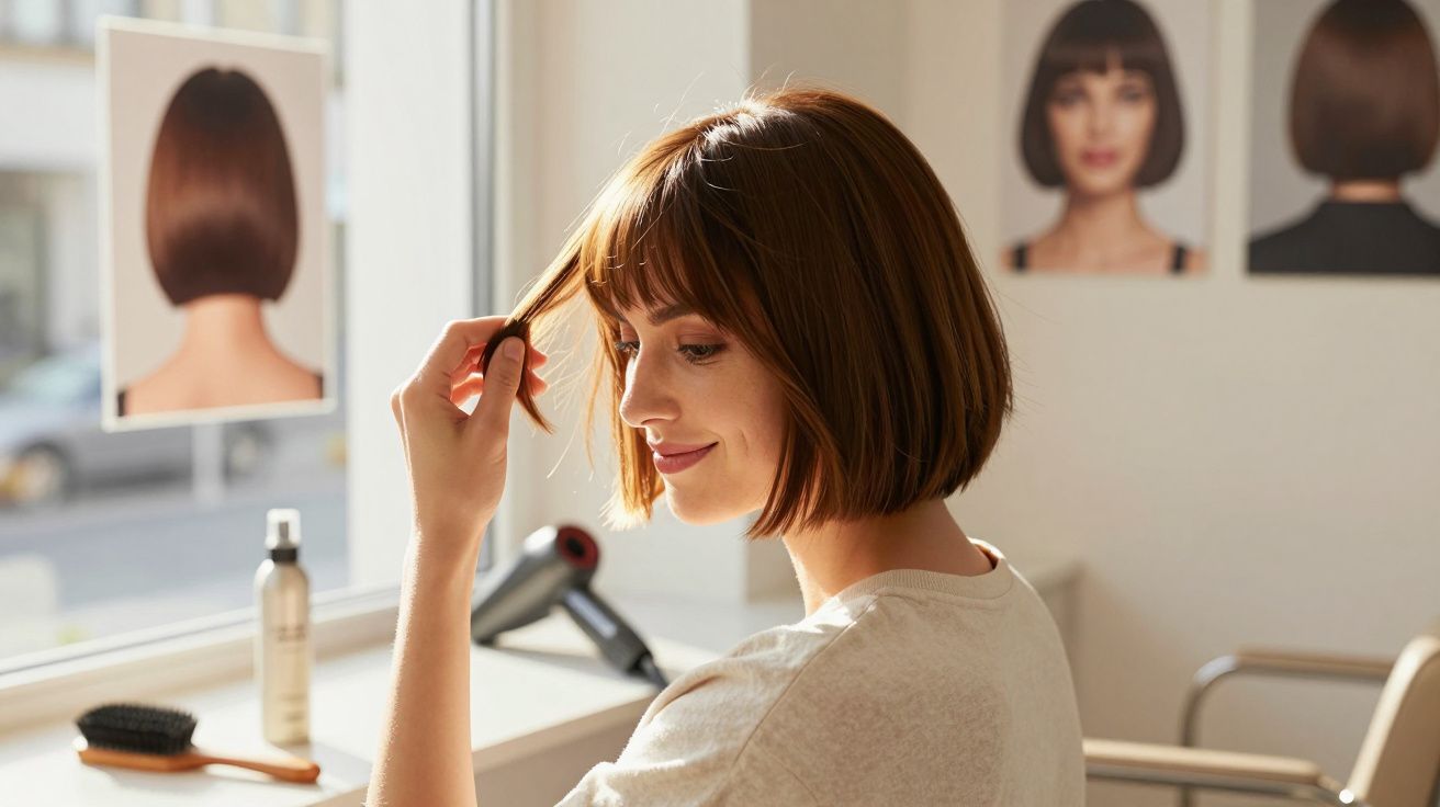 Kobieta z bobem w salonie fryzjerskim, patrzy na swoje włosy, na ścianie zdjęcia fryzur, obok suszarka i szczotka.
