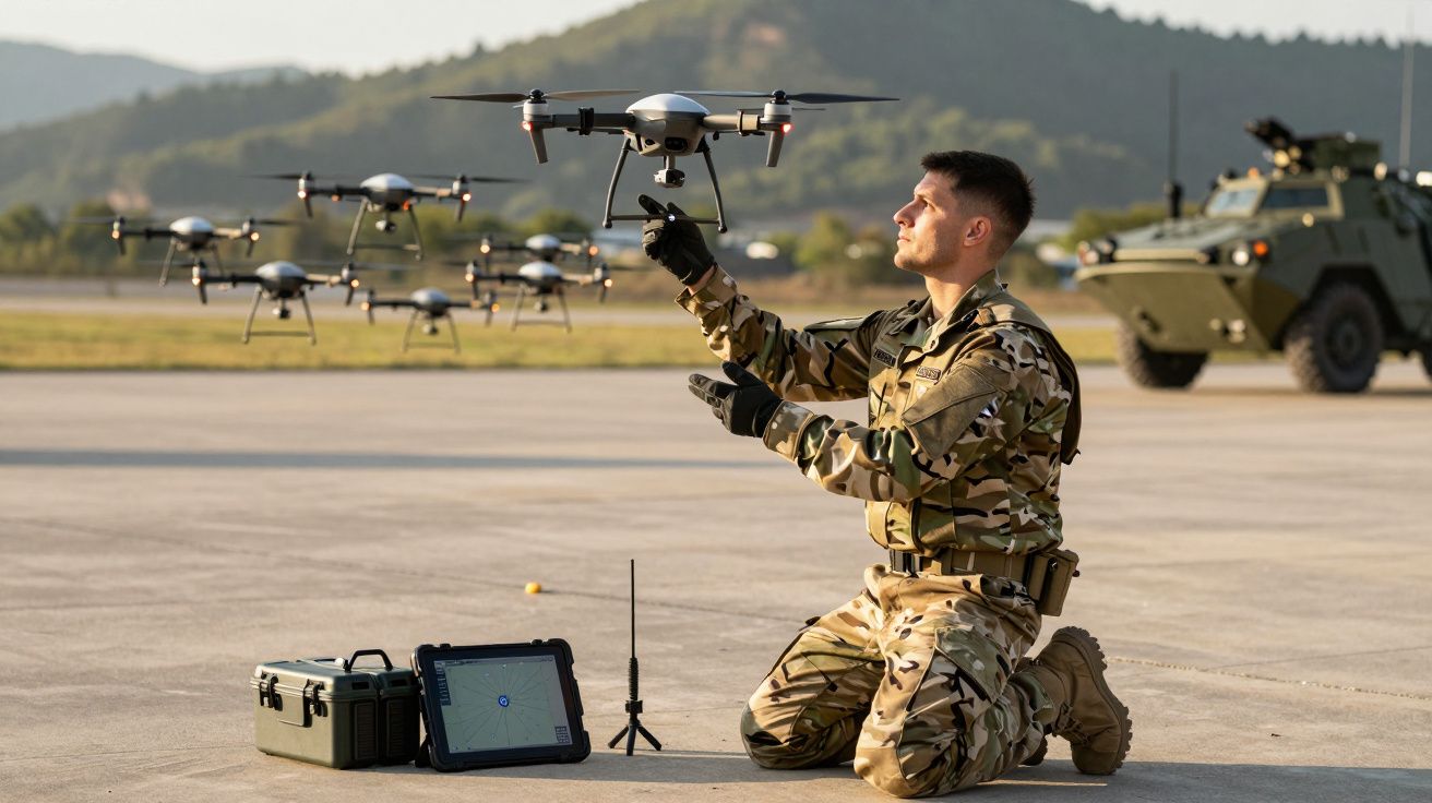 Żołnierz w mundurze kontroluje drona na lotnisku, w tle pojazd wojskowy i kilka dronów w powietrzu.