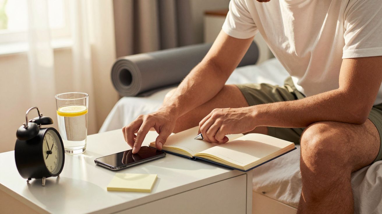 Mężczyzna siedzi przy stoliku, pisząc w notesie. Obok leżą telefon, szklanka z wodą, budzik i żółte karteczki.
