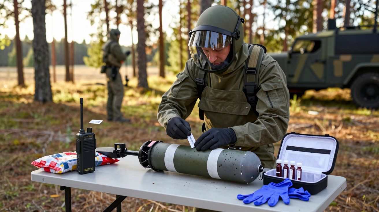 Saper w kombinezonie ochronnym przygotowuje ładunek wybuchowy na stole w lesie.
