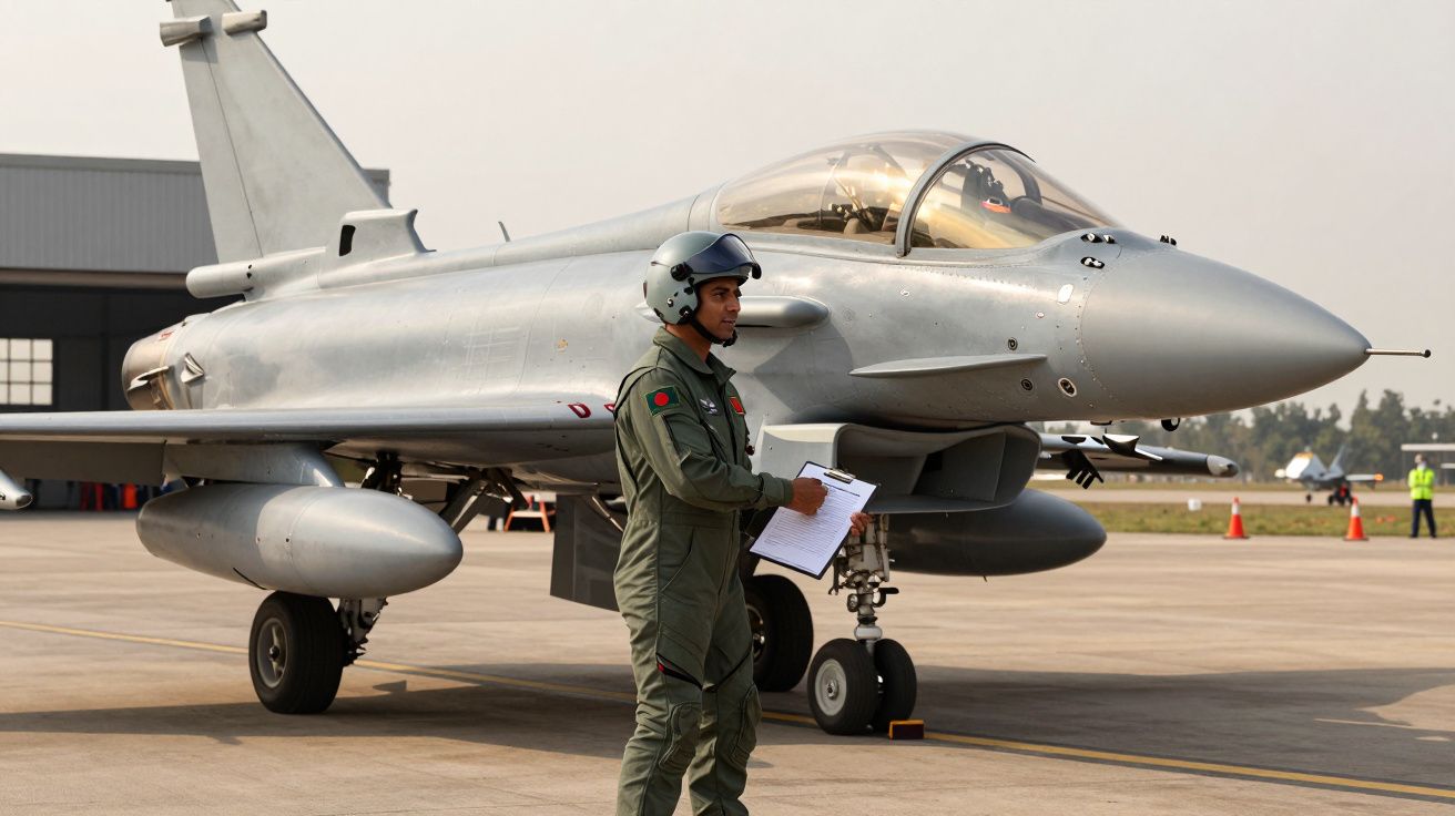 Pilot w kombinezonie lotniczym stoi przed myśliwcem na lotnisku.