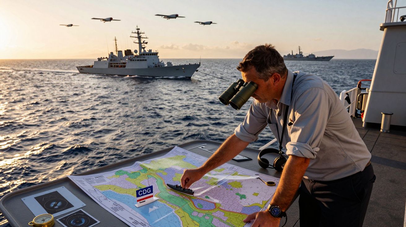 Mężczyzna z lornetką patrzy na mapę na statku. W tle okręty wojenne na morzu i lecące drony.