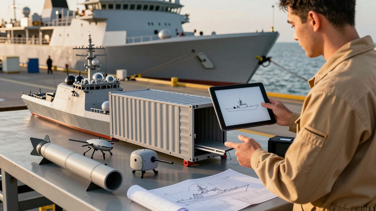 Mężczyzna na molo ogląda model statku, plan i tablet, w tle duży okręt wojskowy.