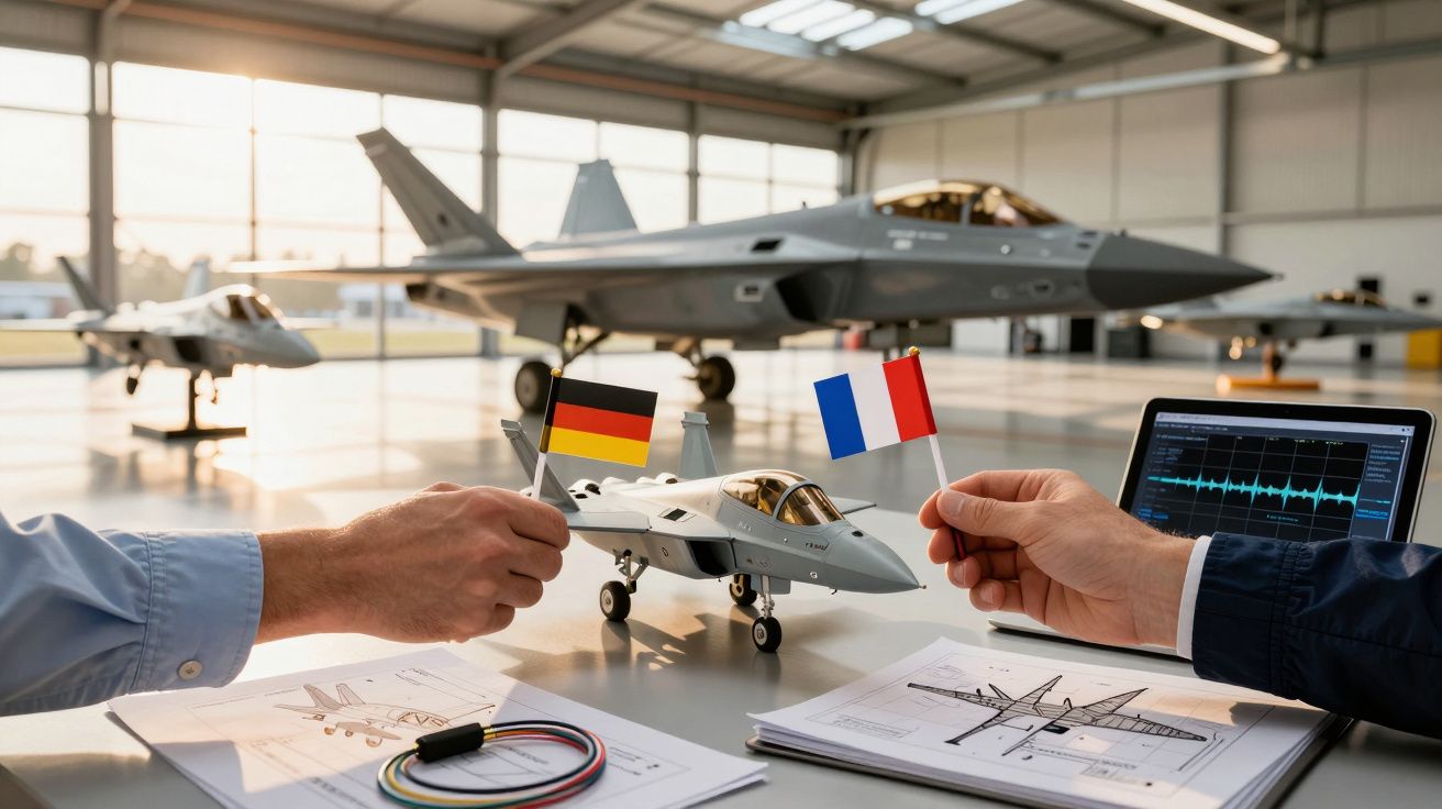 Model samolotu z flagami Niemiec i Francji w hangarze lotniczym, w tle prawdziwy myśliwiec jet.