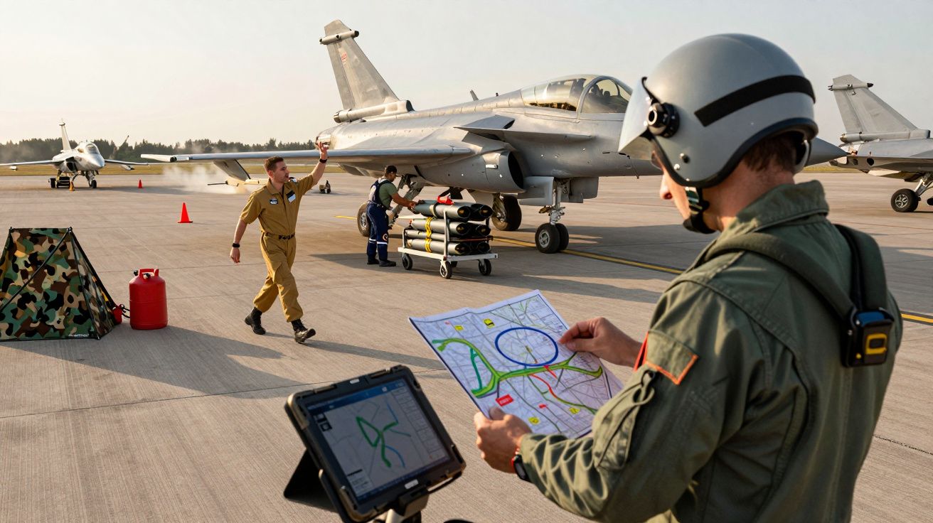 Pilot w hełmie trzyma mapę, obok pasa startowego stoi odrzutowiec, obsługa techniczna przygotowuje samolot.