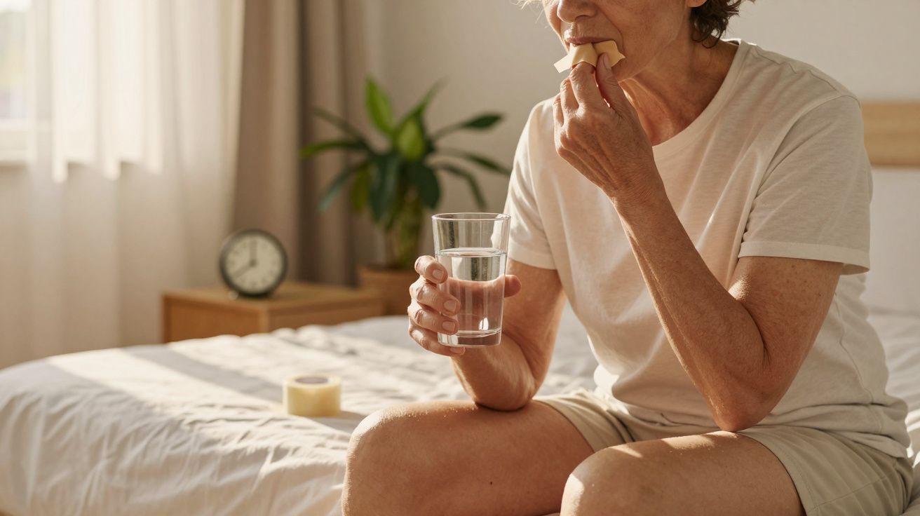 Starsza kobieta je ser i trzyma szklankę wody, siedząc na łóżku w jasnym pokoju z rośliną i zegarem.