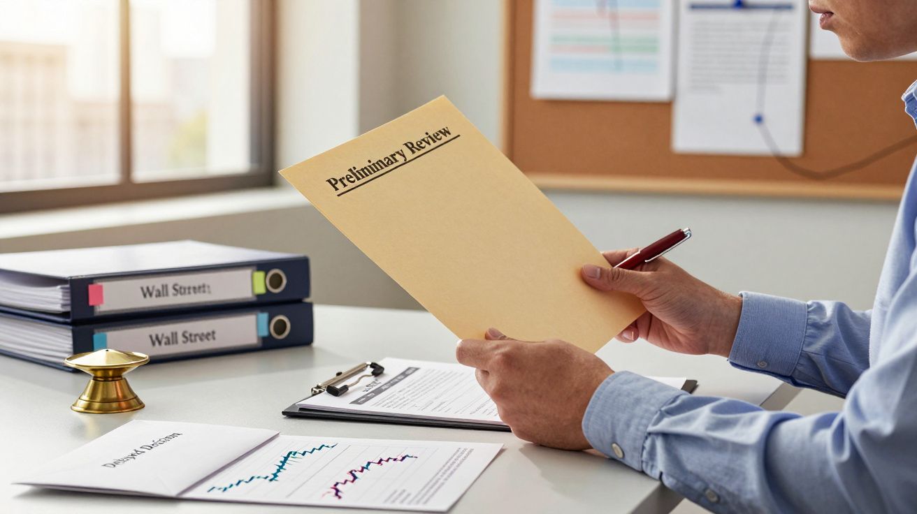Osoba trzymająca dokument z napisem "Preliminary Review" przy biurku z teczkami i wykresami.