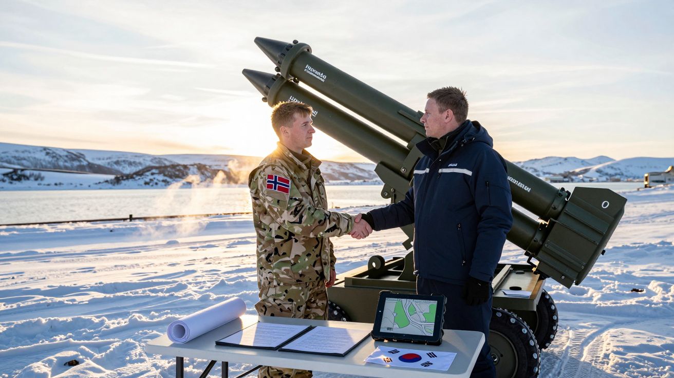 Dwóch mężczyzn podaje sobie ręce na śniegu, z wyrzutnią rakiet w tle, na stole mapy i tablet.