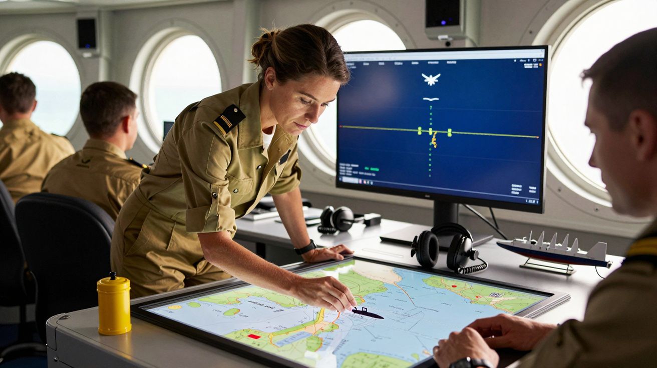 Oficerka marynarki obsługuje ekran dotykowy z mapą morską na mostku statku; w tle widoczny monitor z danymi.