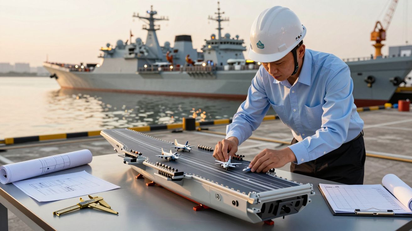 Mężczyzna w kasku układa modele samolotów na makiecie lotniskowca obok rzeczywistego statku w porcie.