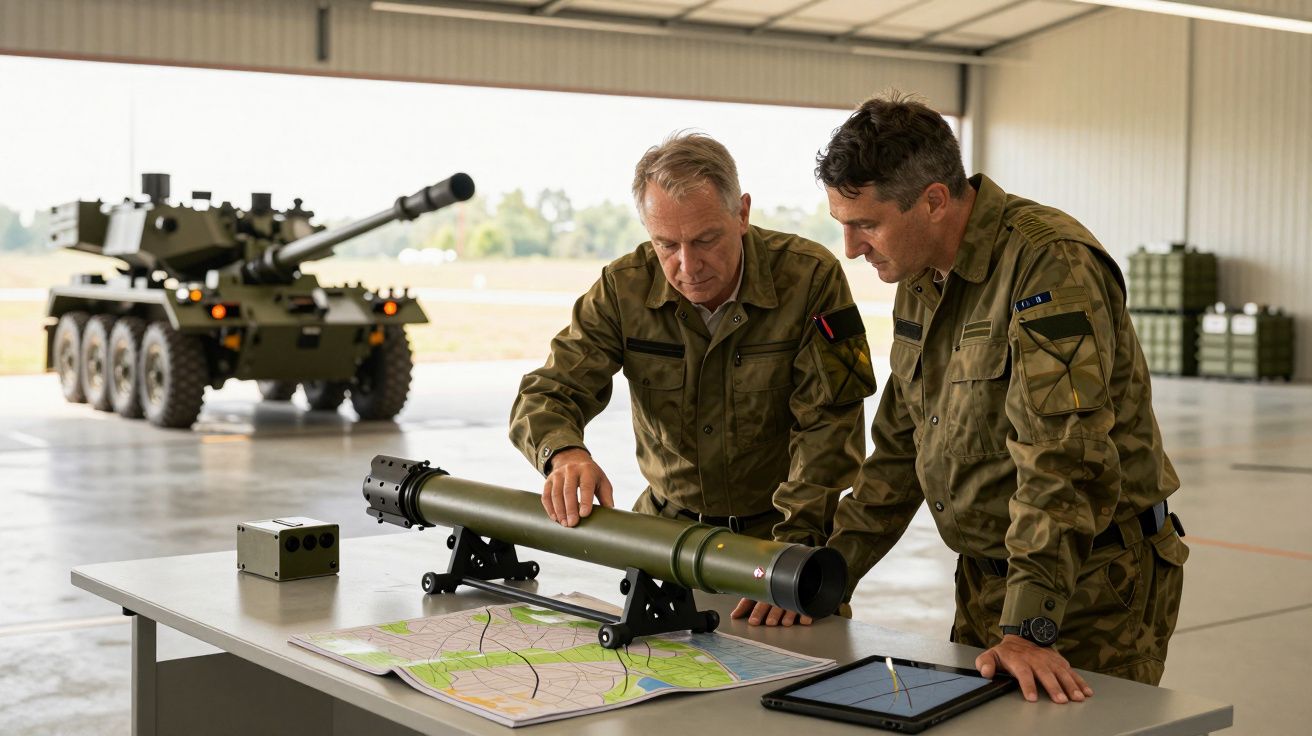 Dwóch żołnierzy analizuje mapę na stole w hangarze; w tle widać pojazd wojskowy.